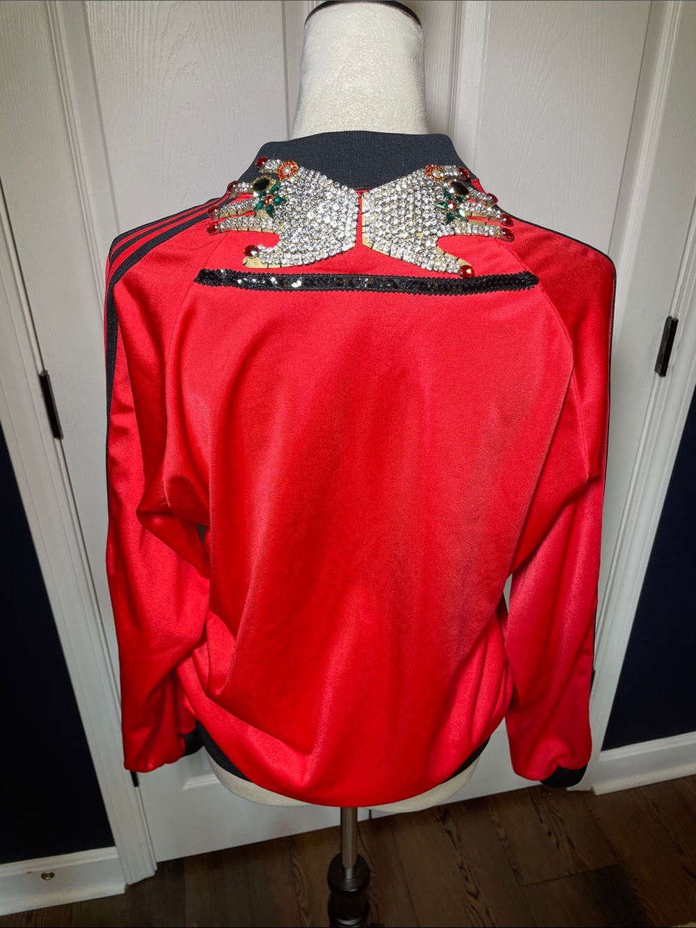 Vintage Upcycled Red Embellished Varsity Jacket Striped Sleeves Back Applique‎